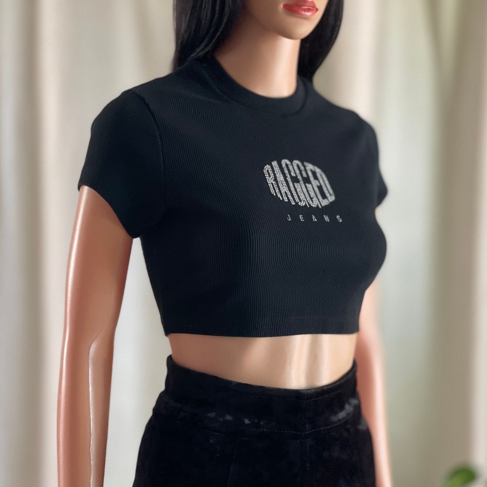 The Ragged Priest Ragged Jeans Black Rhinestone Logo Ribbed Crop Baby Tee Size M